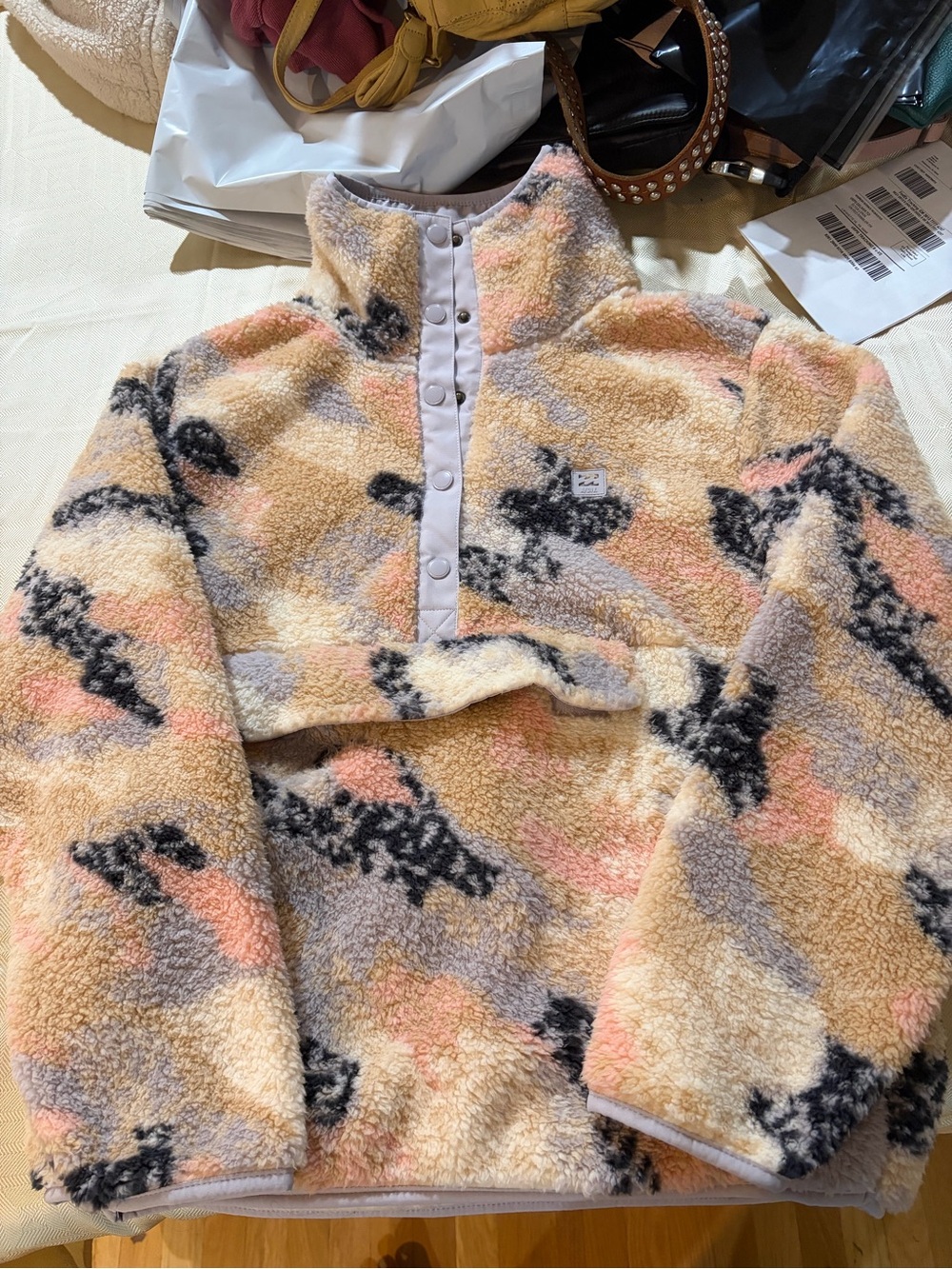 Billabong Kids Sherpa Pullover Jacket in Cream, Pink & Gray
